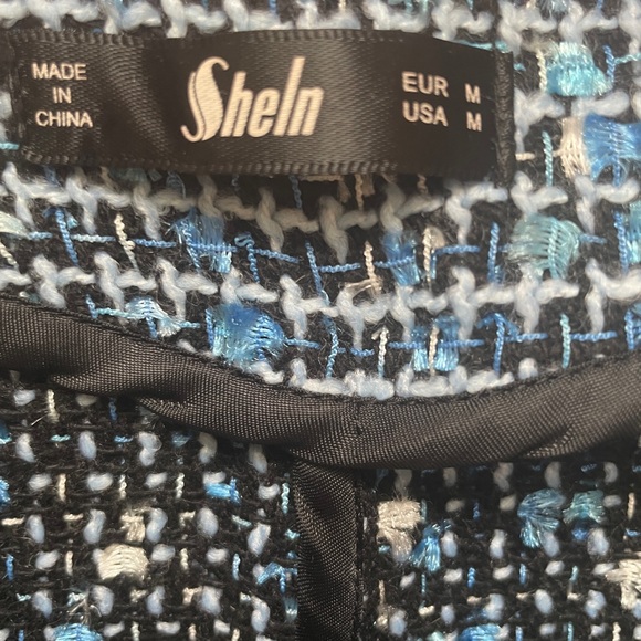 SHEIN Blue Tweed Pearl-Trim Cropped Jacket - Picture 3 of 9